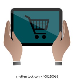Hands hold and touch tablet PC on vhite background, vector illustration