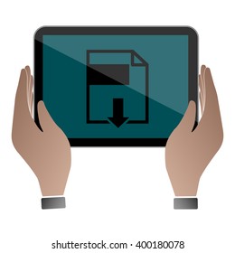Hands hold and touch tablet PC on vhite background, vector illustration