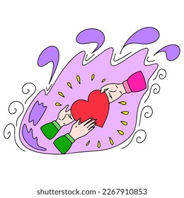 Hands hold and transmit the heart. The concept of love. This is a vector picture in the style of a comic book