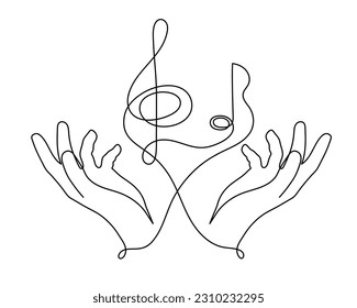 Las manos sostienen aroma de trébol y nota musical de una línea, contorno continuo dibujado a mano. Concepto artístico creativo, diseño minimalista. Trazo editable. Aislado. Ilustración del vector

