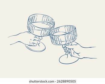 Hands hold two glasses of champagne, white wine, or cocktail. Cheers, cin cin hand drawn ink sketch. Coquette vector illustration for poster, card, wedding invitation, birthday, Christmas, New Year.