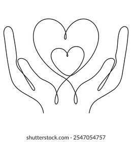 Hands hold two hearts continuous line drawing. Family linear symbol. Motherhood concept. Vector illustration isolated on white background.	