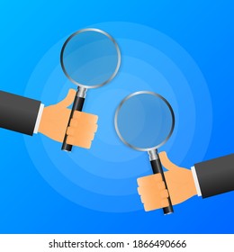 Hands hold two magnifying glass on blue background. Vector illustration.