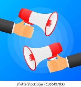 Las manos sostienen dos megáfonos rojos. Un altavoz plano sobre fondo azul. Ilustración vectorial.