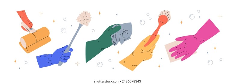 Hands hold a vacuum cleaner, brush, cloth, sponge for washing. Clean home appliances, products, supplies for housework. Flat vector illustration on isolated white background