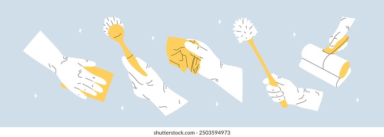 Las manos sostienen una aspiradora, cepillo, paño, esponja para lavar. Electrodomésticos limpios, productos, suministros para las tareas domésticas. Ilustración vectorial plana sobre fondo azul aislado