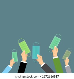 Hands hold various types of color masks to breathe pollution on a blue background, preventing the spread of the virus. Flat design