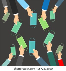 Hands hold various types of color masks to breathe pollution on a blue background, preventing the spread of the virus. Flat design