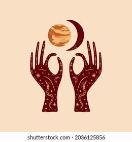 Hands hold Venus and crescent moon. Boho style art, mystical symbol, minimalist trendy style. Magical illustration, spiritual, astrology content image. 