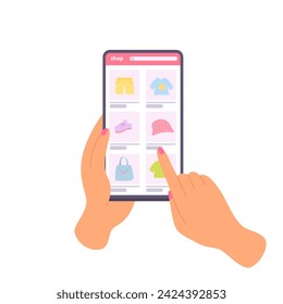 Hands halten vertikal Handy mit Shopping-Bildschirm. Die Handyarme berühren die Smartphone-Anzeige mit dem rechten Daumenindefinger. Telefongespräch Flacher Cartoon, Vektorgrafik.