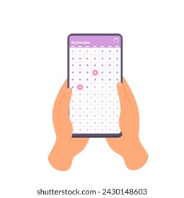 Las manos sostienen verticalmente el teléfono móvil con la pantalla del calendario. Los brazos de la gente están tocando la pantalla del smartphone. Modelo de teléfono. Ilustración plana del vector de la historieta aislada sobre fondo blanco.