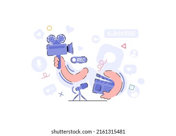 Hands hold a video camera and a clapperboard. Blogging concept. Flat style. Vector illustration