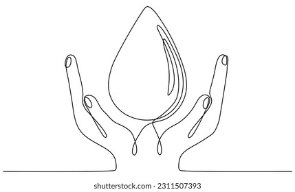 Hands hold water drop continuous line drawing. Blood or oil drop in human arms linear symbol. Vector illustration isolated on white.