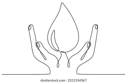 Hands hold water drop continuous line drawing. Blood or oil drop in human arms linear symbol. Vector illustration isolated on white.