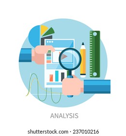 Hands hold web site tablet PC with graphs. Market analysis flat design