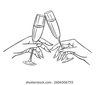 Hands hold white sparkling or red wine, champagne or cocktail glasses. Cheers. Trendy art for bachelorette party and wedding invitations. Vector illustration