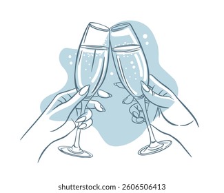 Hands hold white sparkling or wine, champagne or cocktail glasses. Blue Line art, outline, line, doodle. Cheers. Trendy art for bachelorette party and wedding invitations. Vector illustration