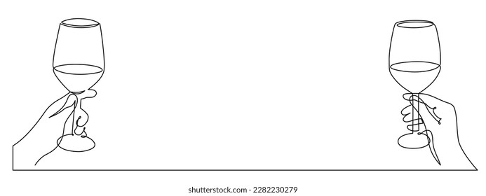 Hands hold wine clinking glass one line art,continuous drawing contour.Cheers toast festive hand drawn decoration for holidays,romantic Valentine's Day design.Editable stroke. Isolated.Vector