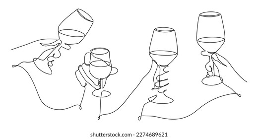 Hands hold wine clinking glasses one line art,continuous drawing contour.Cheers toast festive hand drawn decoration for holidays,romantic Valentine's Day design.Editable stroke. Isolated.Vector 