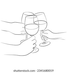 Hands hold wine clinking glasses line art. Group happy boys and girls clinking glasses and drinking alcohol. Friends celebrating. Toast festive contour drawing. Decoration for holidays illustration.