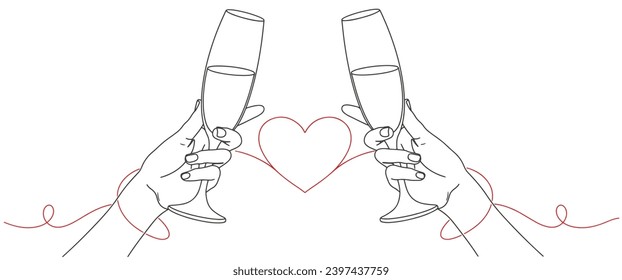 hands hold wine clinking glasses line art vector illustration,continuous drawing contour.Cheers toast festive decoration for new year,holidays,romantic Valentine's Day design. Isolated.Vector