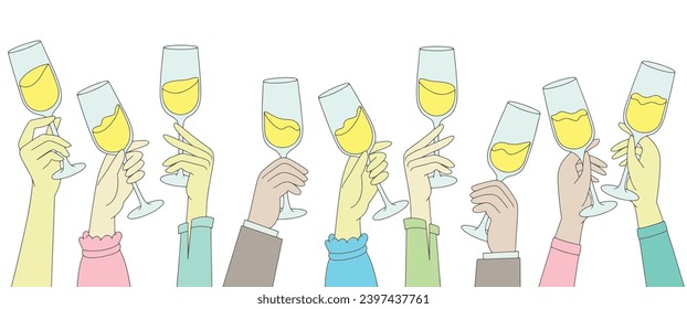 hands hold wine clinking glasses line art vector illustration,continuous drawing contour.Cheers toast festive decoration for new year,holidays,romantic Valentine's Day design. Isolated.Vector