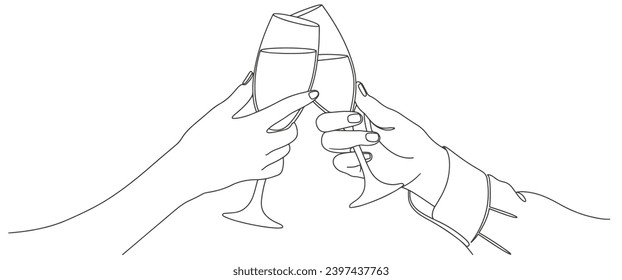 hands hold wine clinking glasses line art vector illustration,continuous drawing contour.Cheers toast festive decoration for new year,holidays,romantic Valentine's Day design. Isolated.Vector