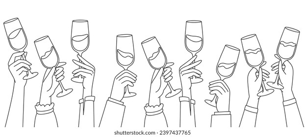 mano sujetando copas de vino línea de gafas ilustración vectorial,contorno continuo de dibujo.Saludos decoración festiva para año nuevo, vacaciones, diseño romántico de San Valentín. Vector aislado