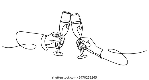 Las manos sostienen el dibujo de línea continua de vasos de vino tintineante. Decoración, vacaciones, concepto romántico. Ilustración vectorial minimalista dibujado a mano.