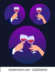 Hands hold wine glasses. Romantic date icons circle frame. Vector cartoon flat style illustration on dark background.