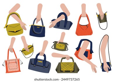 Hands hold woman purse. Cartoon elegant female bags, fashionable lady accessories, chic handbag with handle, trendy stylish objects. Vector isolated set. Leather casual and trendy clutches