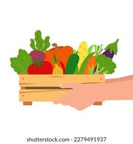 Hands hold a wooden box with vegetables. The concept of harvest, delivery of fresh vegetables, farming. Vector illustration in flat style