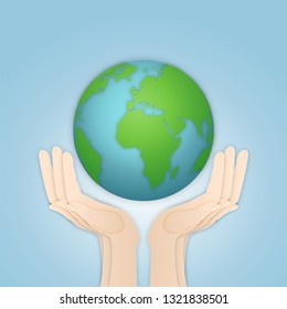 Hands hold the world isolated on blue background as Saving , Love the earth and Ecology concept. vector illustration.