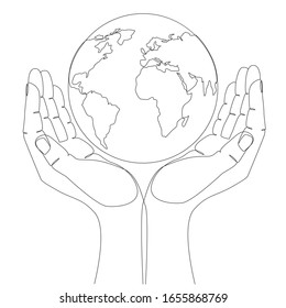 Hands hold the world one line drawing on white isolated background. Vector illustration