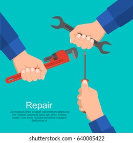 Hands hold a wrench, the screw-driver, an adjustable spanner. Concept of repair and construction works. Technical service. A vector illustration in flat style. Design elements.