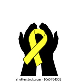 Hands hold with yellow ribbon. World chilhood cancer day