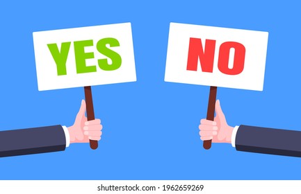 Hands hold yes and no words banner plate business concept flat style design vector illustration. Demonstration placard banner or test choice voting dispute.