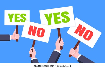 Hands hold yes and no words banners plate business concept flat style design vector illustration. Demonstration placard banner or test choice voting dispute.