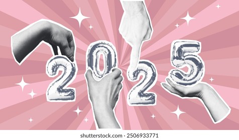 Hands Holding 2025 on Pink Burst Background, new year halftone collage