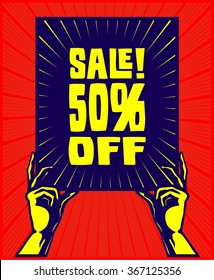 Hands holding 50 per cent discount sale sign vector illustration