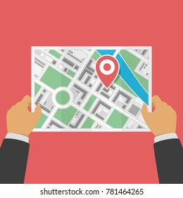 Hände, die eine abstrakte Stadtplan mit Pin halten. Eingefalte Karte in der Hand. Die Suche nach dem Weg, gps Navigation Konzept. Location Maps, Reiseziel, Routengrafik in flachem Stil. Vektorillustration EPS10.