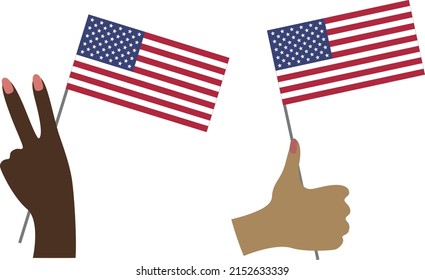 Hands Holding America Flag, Peace Sign Hands Set, Dark And Light Skin