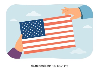 Hands holding American flag flat vector illustration. People celebrating Independence Day, holding national flag of USA. Patriotism concept for banner, website design or landing web page