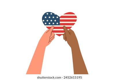 Hands holding american flag in the shape of heart. Vector flat illustration. Memorial day and Independence day concept.