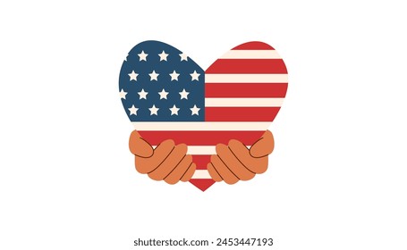 Hands holding american flag in the shape of heart. Memorial day and Independence day concept. Vector flat illustration.
