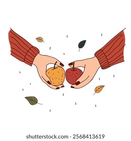 Hands holding Apples in Autumn Illustration