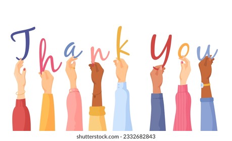 Hands holding appreciation. Thankful female multicultural hands of customers colleagues handwriting letters thank you word, thanking client appreciate team vector illustration of appreciation hand