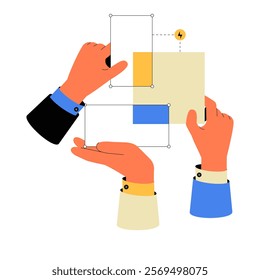 Hands Holding And Arranging Graphic Elements In Flat Vector Illustration Symbolizing Design, Creativity, And Collaboration, Isolated On White Background.