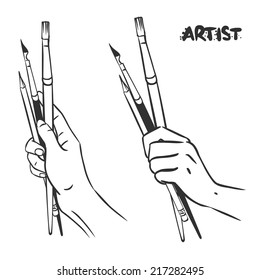 Hands holding artist's tools. Vector illustration