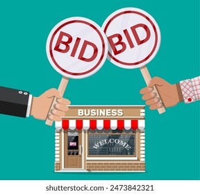 Hands holding auction paddle. Bid plate. Real estate, house building shop or commercial property. Auction competition. Selling or buying new business. Vector illustration in flat style